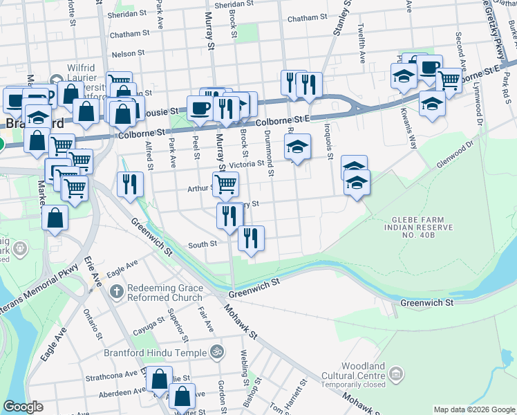 map of restaurants, bars, coffee shops, grocery stores, and more near 61 Brock Street in Brantford