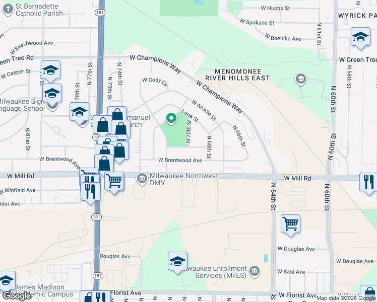 map of restaurants, bars, coffee shops, grocery stores, and more near 6911 West Clovernook Street in Milwaukee