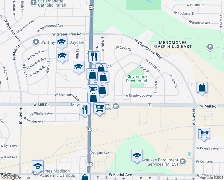 map of restaurants, bars, coffee shops, grocery stores, and more near 6458 North 73rd Street in Milwaukee