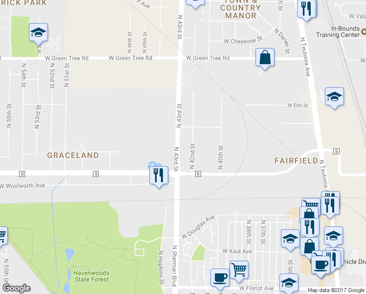 map of restaurants, bars, coffee shops, grocery stores, and more near 6478 North 43rd Street in Milwaukee