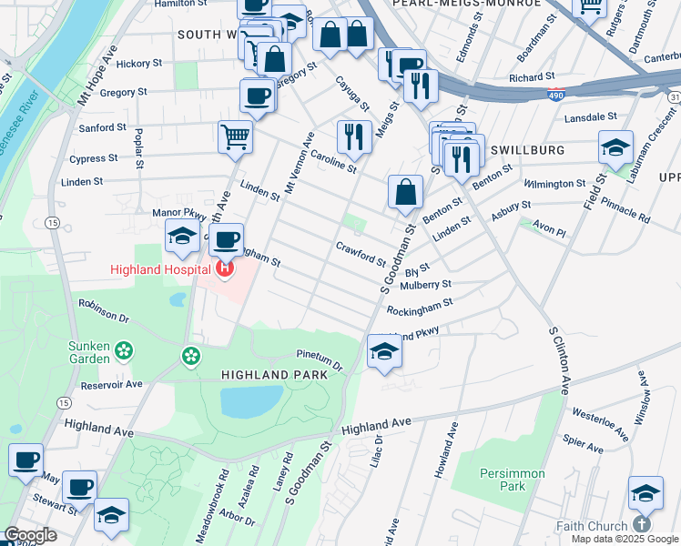 map of restaurants, bars, coffee shops, grocery stores, and more near 125 Mulberry Street in Rochester