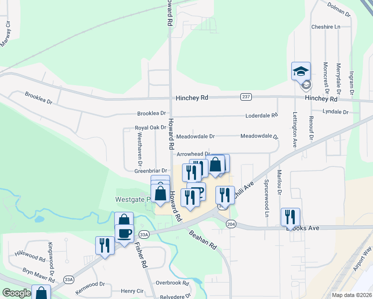 map of restaurants, bars, coffee shops, grocery stores, and more near 128 Arrowhead Drive in Rochester