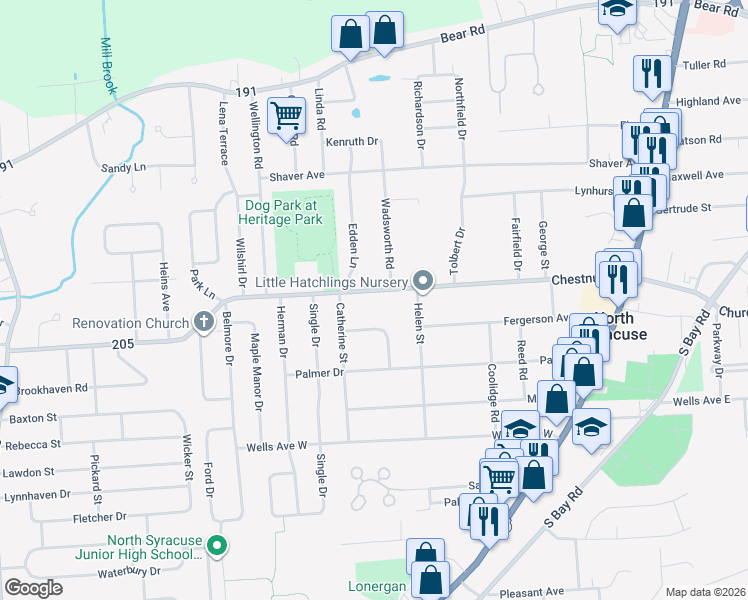 map of restaurants, bars, coffee shops, grocery stores, and more near 311 Chestnut Street in Syracuse