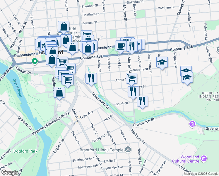 map of restaurants, bars, coffee shops, grocery stores, and more near 102 Park Avenue in Brantford