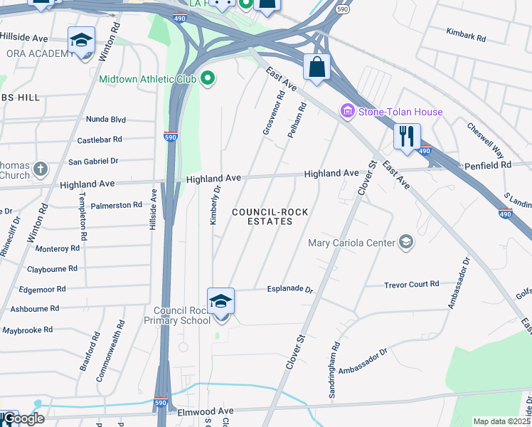 map of restaurants, bars, coffee shops, grocery stores, and more near 260 Pelham Road in Rochester