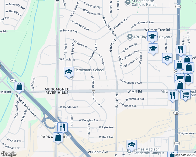 map of restaurants, bars, coffee shops, grocery stores, and more near 8600 West Brentwood Avenue in Milwaukee