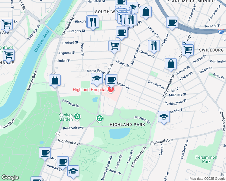 map of restaurants, bars, coffee shops, grocery stores, and more near 1000 South Avenue in Rochester
