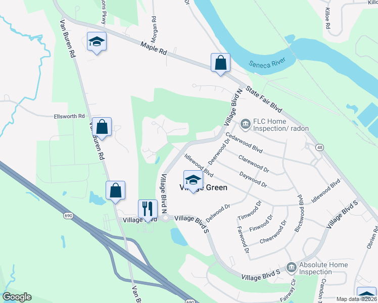 map of restaurants, bars, coffee shops, grocery stores, and more near 425 Village Boulevard North in Baldwinsville