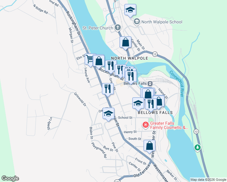 map of restaurants, bars, coffee shops, grocery stores, and more near 36 Green Street in Town of Rockingham