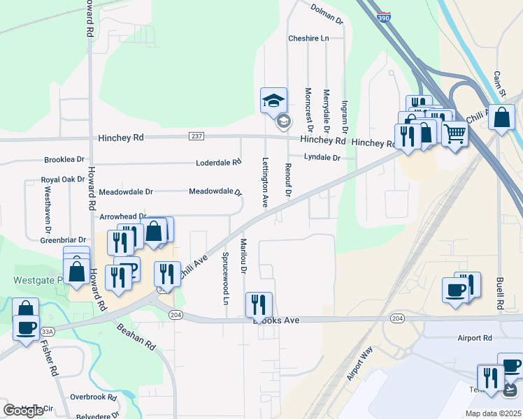 map of restaurants, bars, coffee shops, grocery stores, and more near 1692 Chili Avenue in Rochester