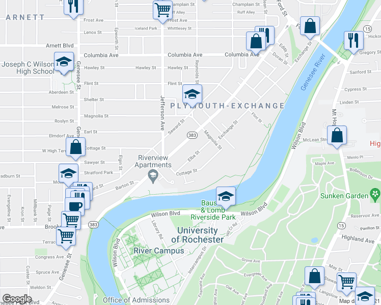 map of restaurants, bars, coffee shops, grocery stores, and more near 69 Elba Street in Rochester