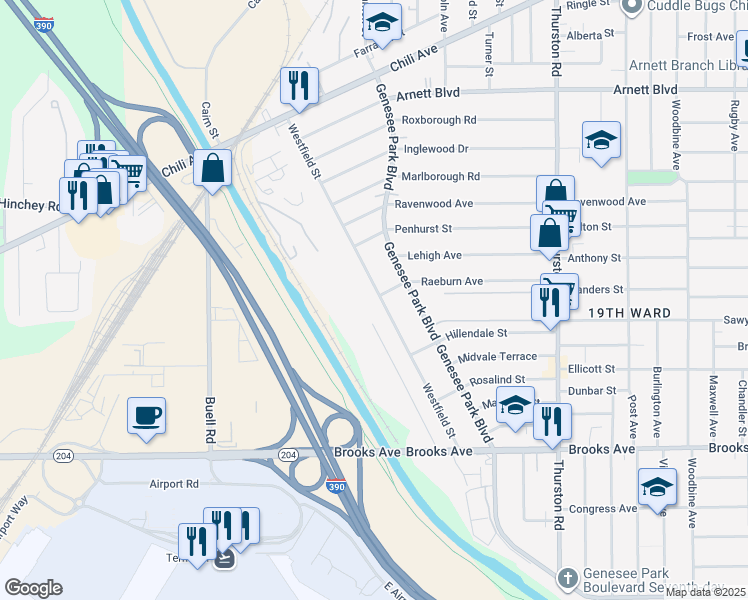 map of restaurants, bars, coffee shops, grocery stores, and more near 305 Westfield Street in Rochester