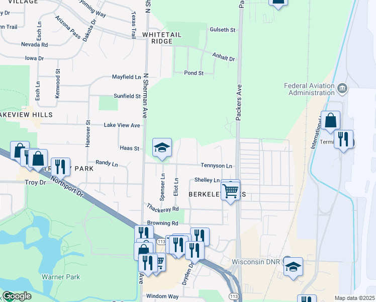 map of restaurants, bars, coffee shops, grocery stores, and more near 3834 Tennyson Lane in Madison