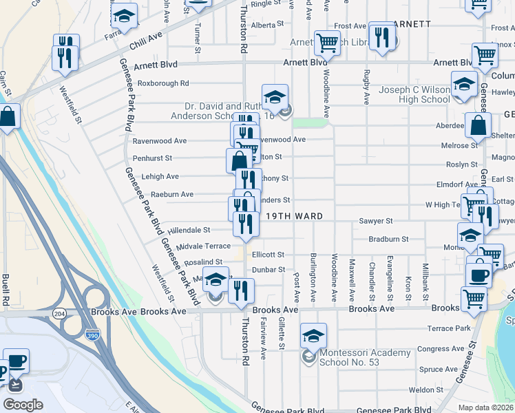 map of restaurants, bars, coffee shops, grocery stores, and more near 169 Flanders Street in Rochester