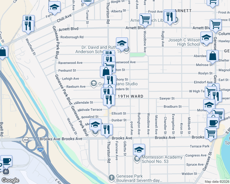 map of restaurants, bars, coffee shops, grocery stores, and more near 169 Flanders Street in Rochester