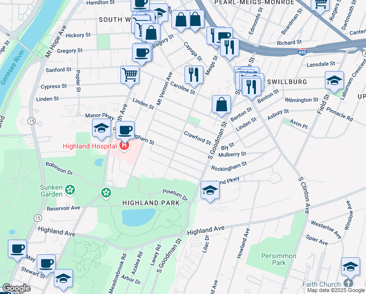 map of restaurants, bars, coffee shops, grocery stores, and more near 125 Mulberry Street in Rochester