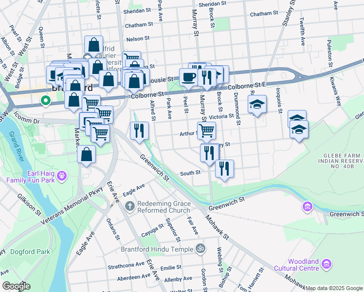 map of restaurants, bars, coffee shops, grocery stores, and more near 32 Mary Street in Brantford