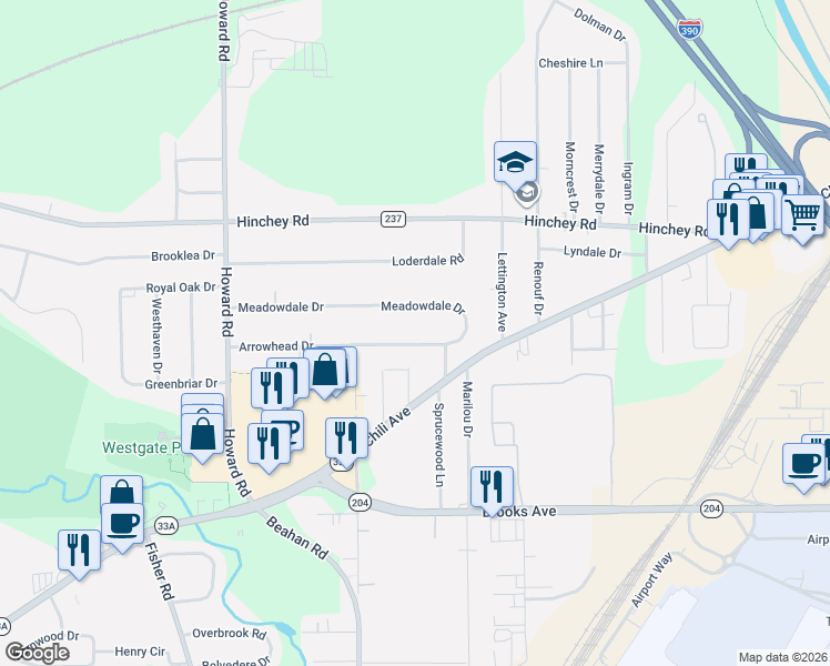 map of restaurants, bars, coffee shops, grocery stores, and more near 24 Ranch Village Lane in Rochester