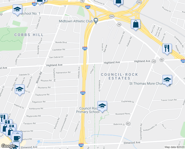 map of restaurants, bars, coffee shops, grocery stores, and more near 49 Village Lane in Rochester