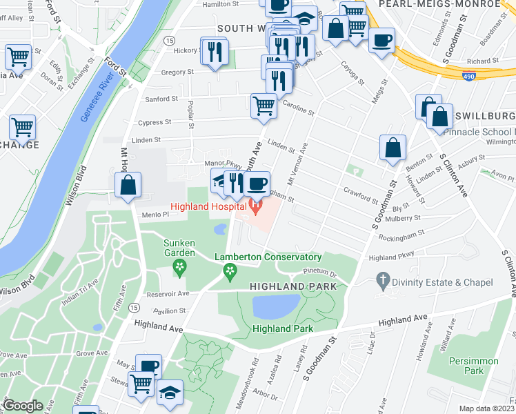 map of restaurants, bars, coffee shops, grocery stores, and more near 1000 South Avenue in Rochester