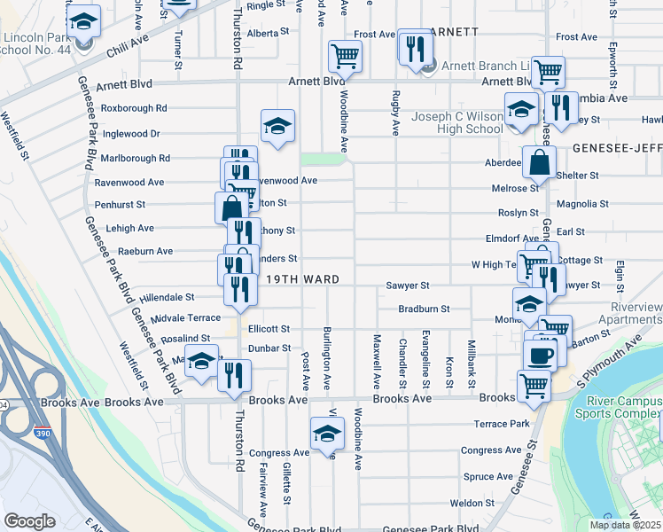 map of restaurants, bars, coffee shops, grocery stores, and more near 559 Woodbine Avenue in Rochester