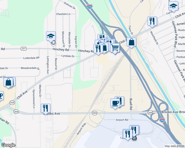 map of restaurants, bars, coffee shops, grocery stores, and more near 60 Caroline Drive in Rochester