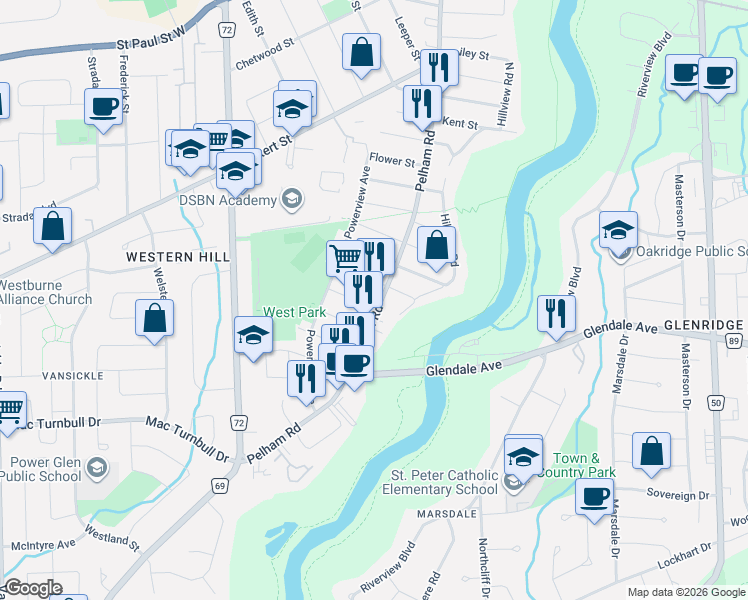 map of restaurants, bars, coffee shops, grocery stores, and more near in St. Catharines