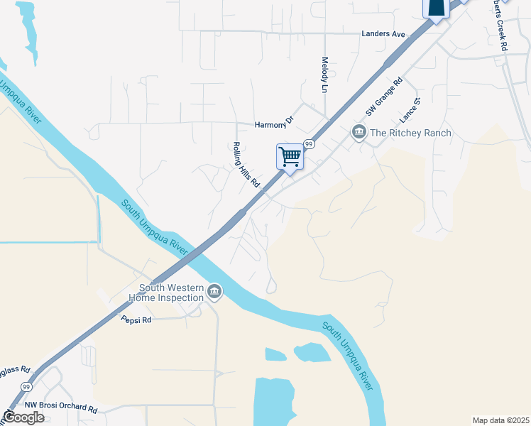 map of restaurants, bars, coffee shops, grocery stores, and more near 115 Andorra Drive in Roseburg