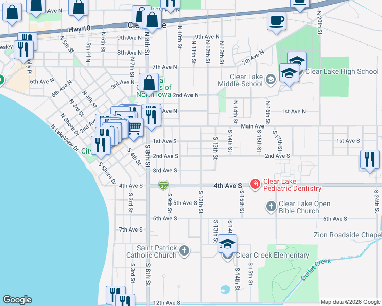 map of restaurants, bars, coffee shops, grocery stores, and more near 1012 2nd Avenue South in Clear Lake