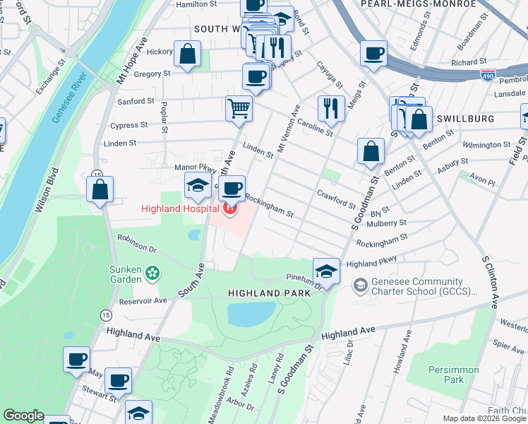 map of restaurants, bars, coffee shops, grocery stores, and more near 121 Rockingham Street in Rochester