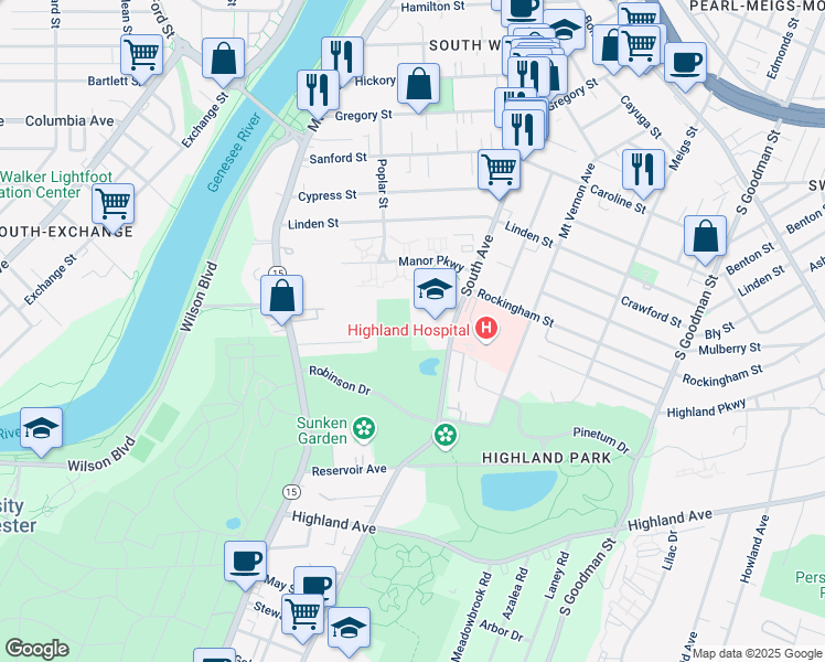 map of restaurants, bars, coffee shops, grocery stores, and more near 999 South Avenue in Rochester