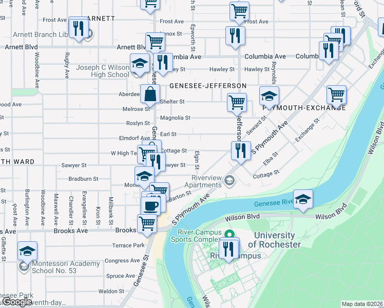 map of restaurants, bars, coffee shops, grocery stores, and more near 6 Elgin Street in Rochester