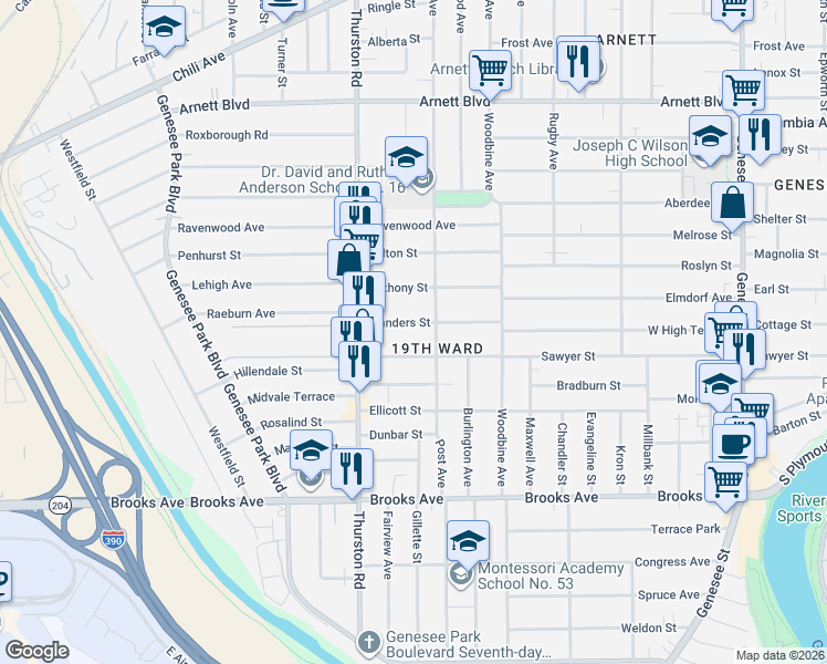 map of restaurants, bars, coffee shops, grocery stores, and more near 129 Flanders Street in Rochester