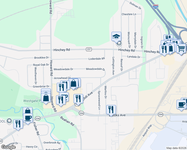 map of restaurants, bars, coffee shops, grocery stores, and more near 24 Ranch Village Lane in Rochester