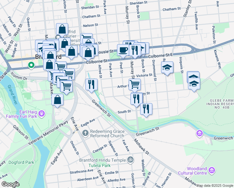map of restaurants, bars, coffee shops, grocery stores, and more near 101 Park Avenue in Brantford