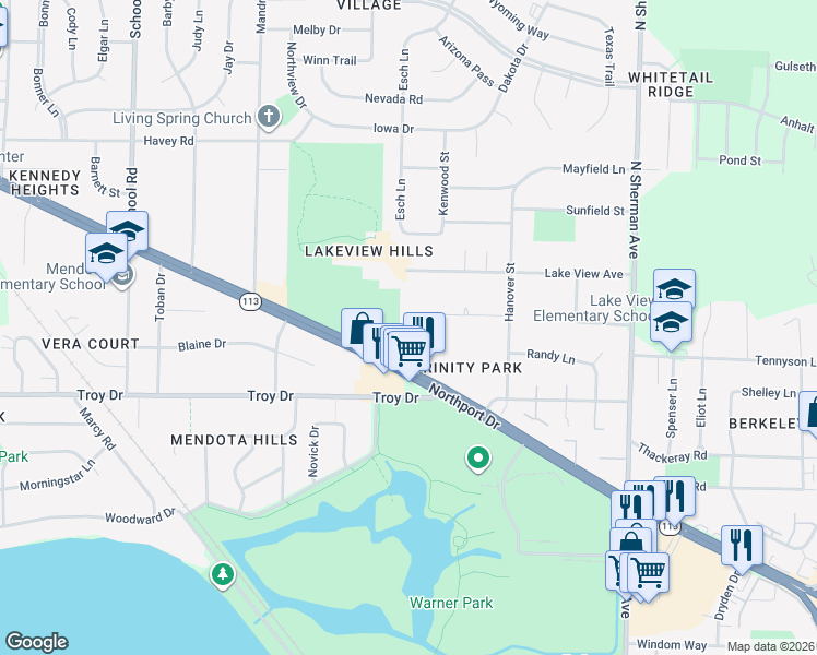 map of restaurants, bars, coffee shops, grocery stores, and more near 1417 Drewry Lane in Madison