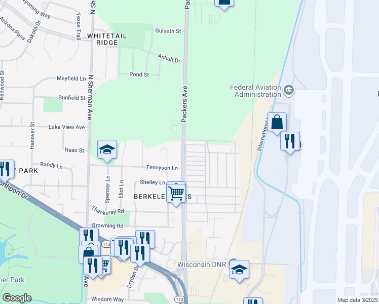 map of restaurants, bars, coffee shops, grocery stores, and more near 67 Redwing Lane in Madison
