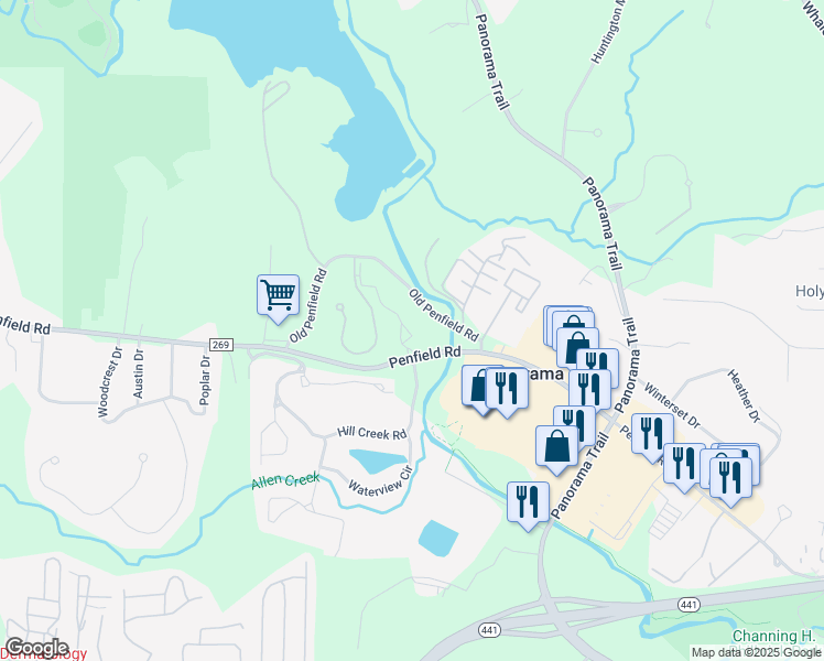 map of restaurants, bars, coffee shops, grocery stores, and more near 400 Shady Run Lane in Rochester