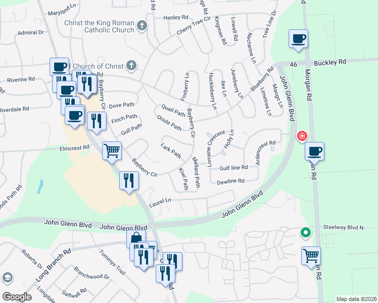 map of restaurants, bars, coffee shops, grocery stores, and more near 80 Bayberry Circle in Liverpool