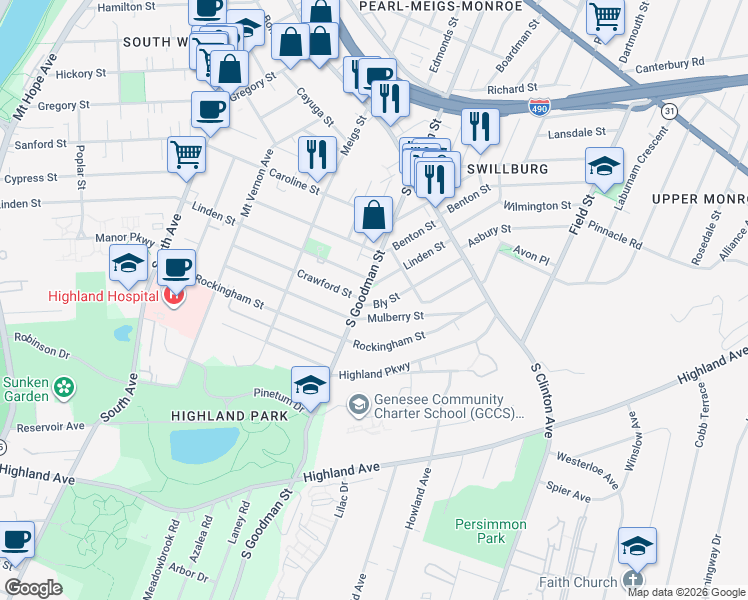 map of restaurants, bars, coffee shops, grocery stores, and more near 928 South Goodman Street in Rochester