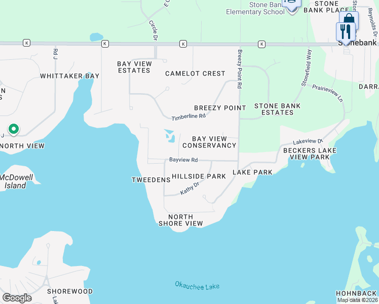 map of restaurants, bars, coffee shops, grocery stores, and more near N64W34230 South Bayview Road in Oconomowoc