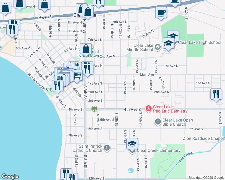 map of restaurants, bars, coffee shops, grocery stores, and more near 1012 2nd Avenue South in Clear Lake