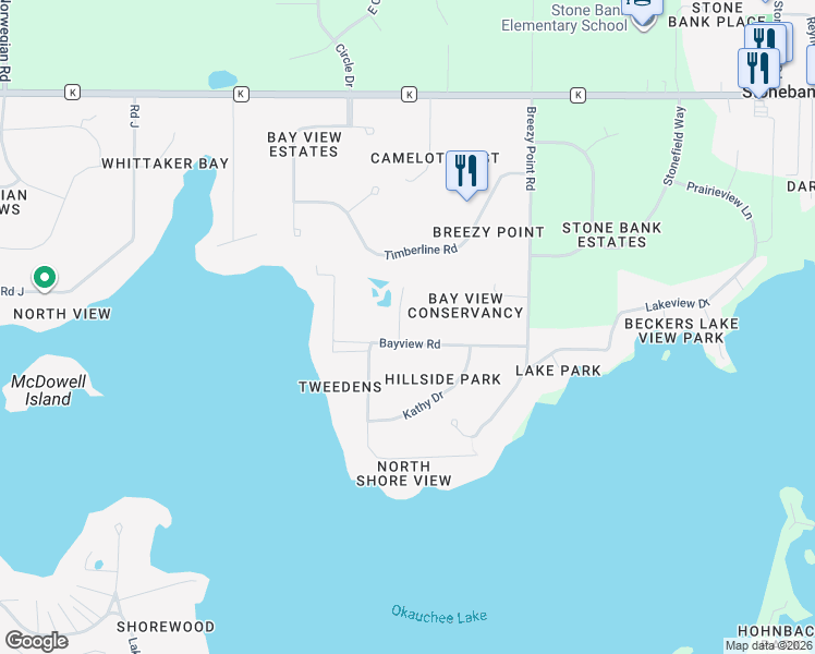 map of restaurants, bars, coffee shops, grocery stores, and more near N64W34230 South Bayview Road in Oconomowoc