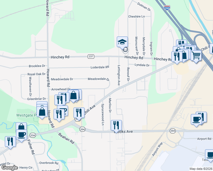 map of restaurants, bars, coffee shops, grocery stores, and more near 281 Meadowdale Drive in Rochester