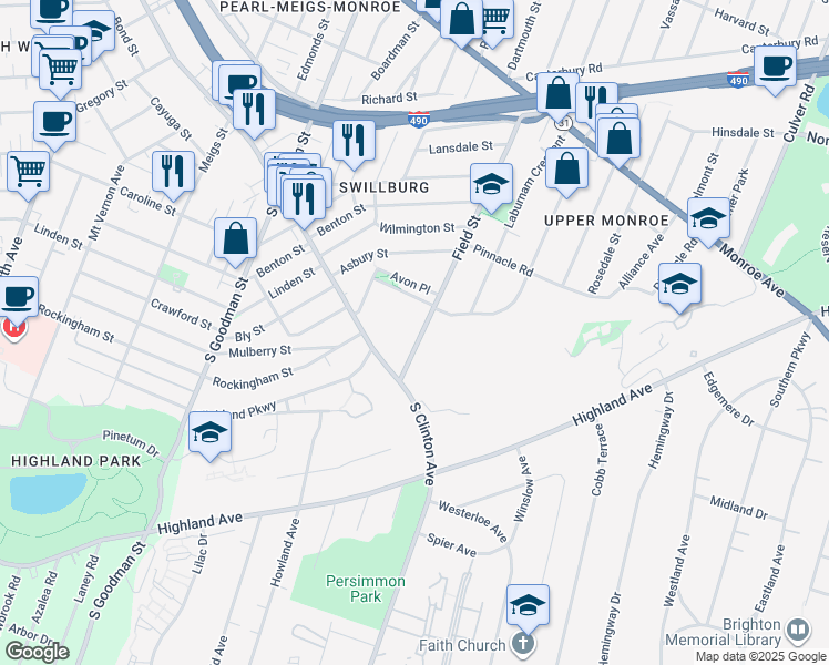 map of restaurants, bars, coffee shops, grocery stores, and more near 353 Field Street in Rochester