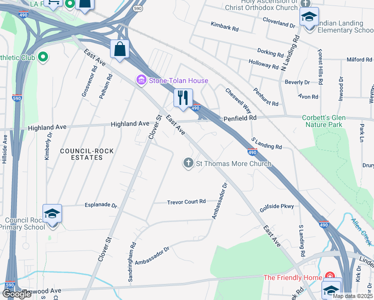 map of restaurants, bars, coffee shops, grocery stores, and more near 2585 East Avenue in Rochester