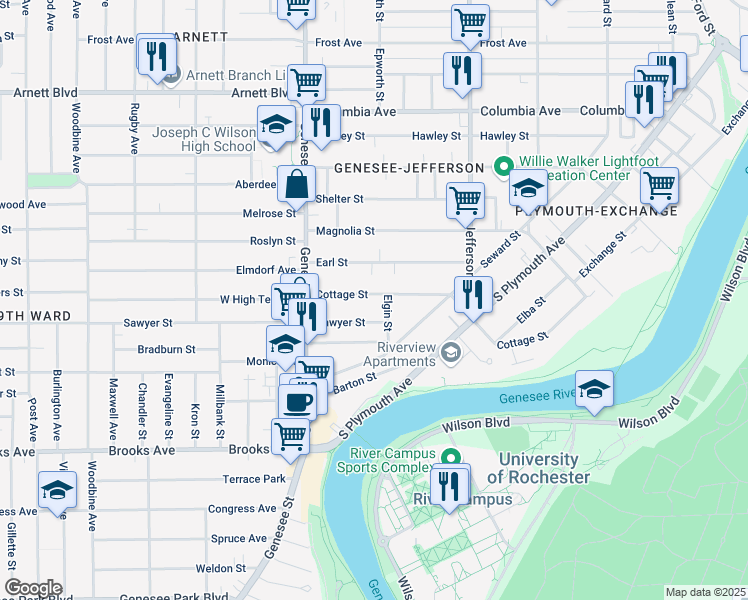 map of restaurants, bars, coffee shops, grocery stores, and more near 399 Cottage Street in Rochester