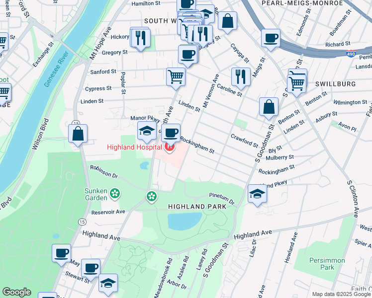 map of restaurants, bars, coffee shops, grocery stores, and more near 335 Mount Vernon Avenue in Rochester