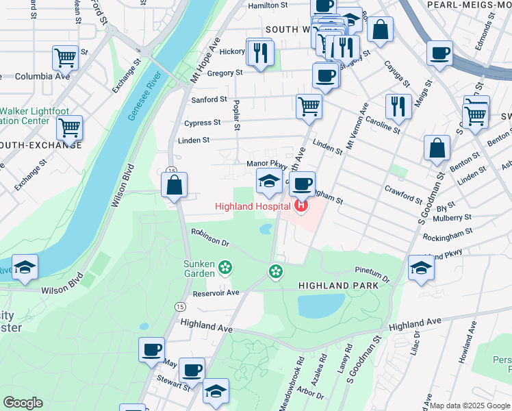 map of restaurants, bars, coffee shops, grocery stores, and more near 1000 South Avenue in Rochester
