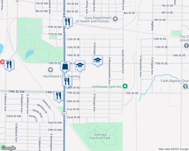 map of restaurants, bars, coffee shops, grocery stores, and more near 1625 South Pennsylvania Avenue in Mason City